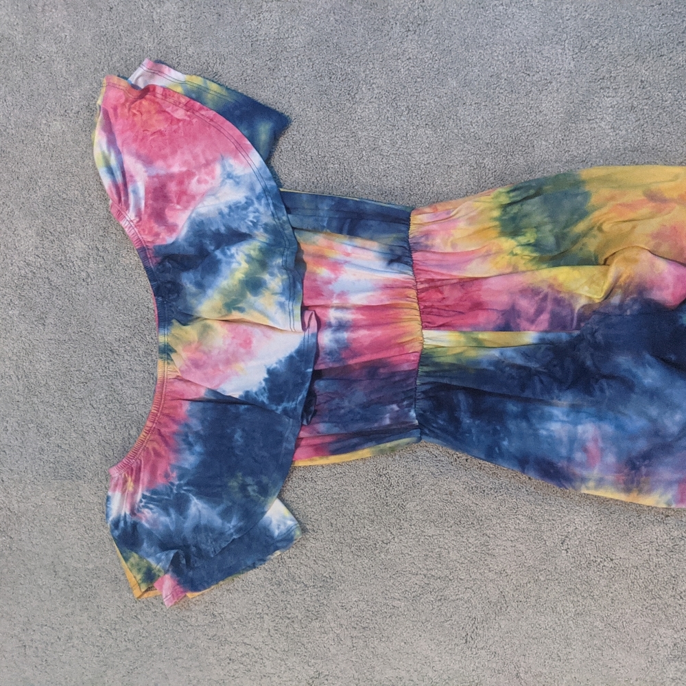 Rainbow tie dye, ruffled romper